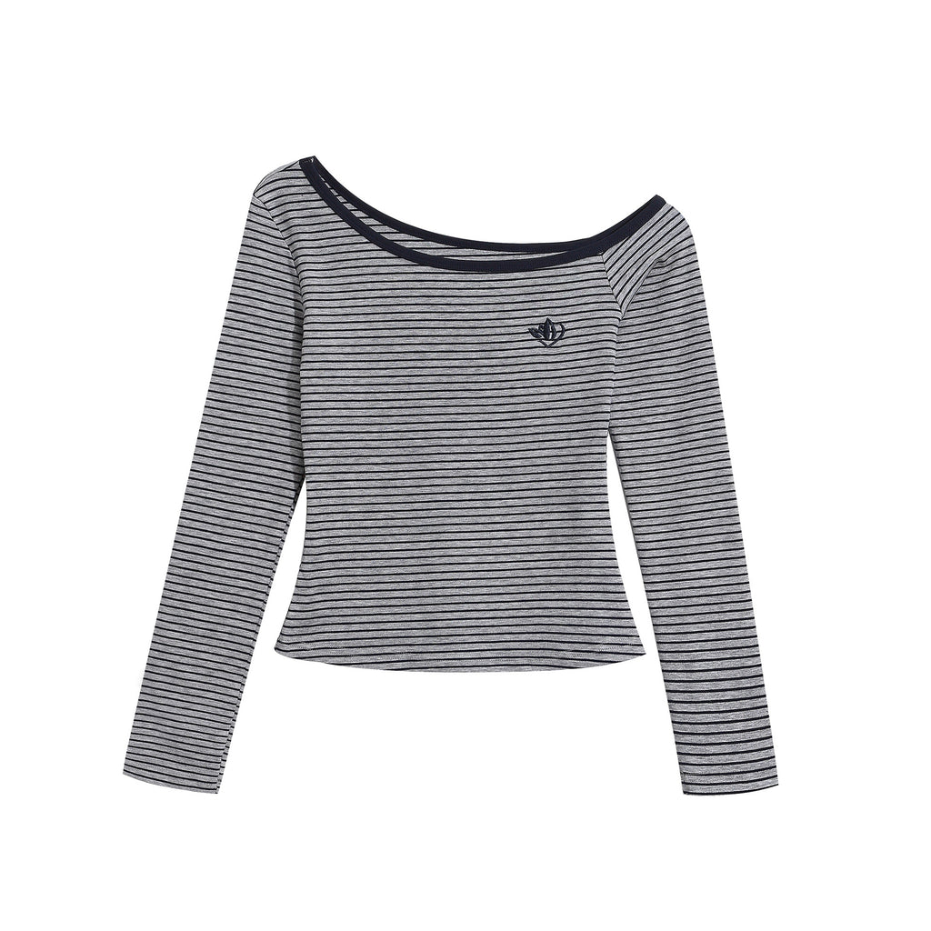 Shoulder Top with Color-Blocked Trim, Fitted Slimming Short Crop Sleeveless Long Sleeve T-Shirt