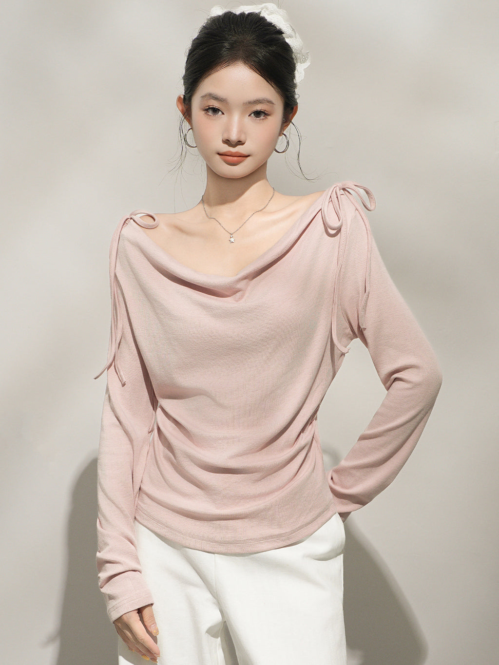 Chic Pink Off-Shoulder Long Sleeve Top for Women, One-Shoulder Neckline Inner Layer
