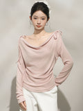 Chic Pink Off-Shoulder Long Sleeve Top for Women, One-Shoulder Neckline Inner Layer