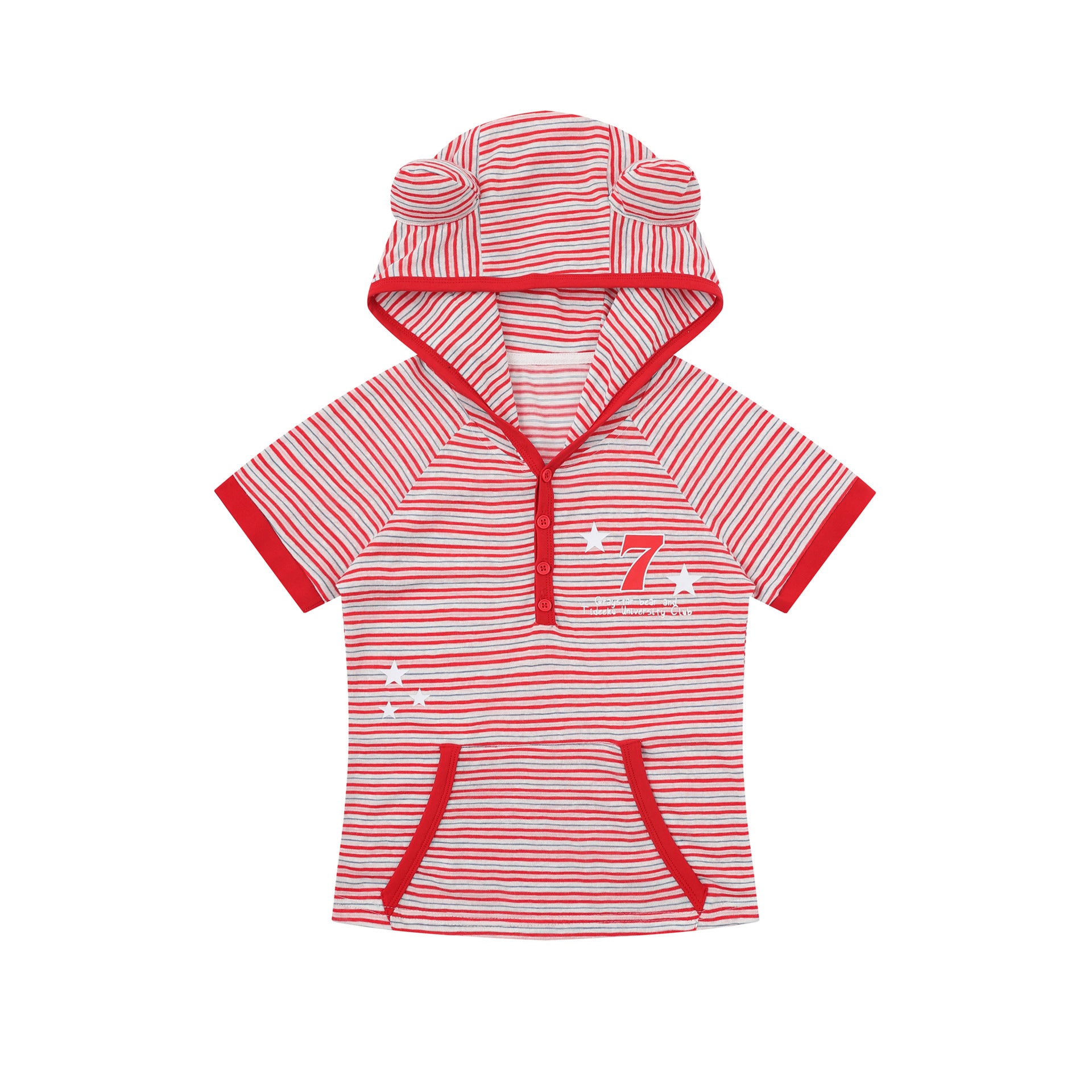 Short Sleeve Striped Color-block Printed Hooded T-shirt Top for Layering or Outer Wear