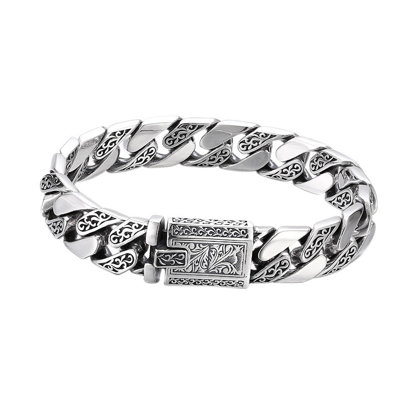 925 Silver Bracelet Pattern Cuban Link Thick Men's Thai Silver Vintage Oxidized Jewelry
