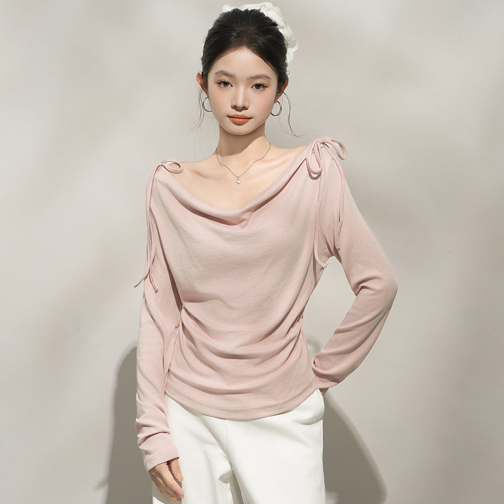 Chic Pink Off-Shoulder Long Sleeve Top for Women, One-Shoulder Neckline Inner Layer