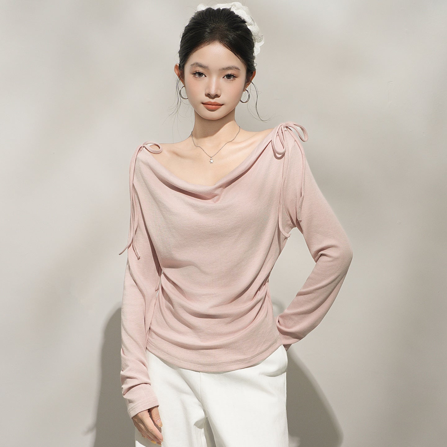 Chic Pink Off-Shoulder Long Sleeve Top for Women, One-Shoulder Neckline Inner Layer