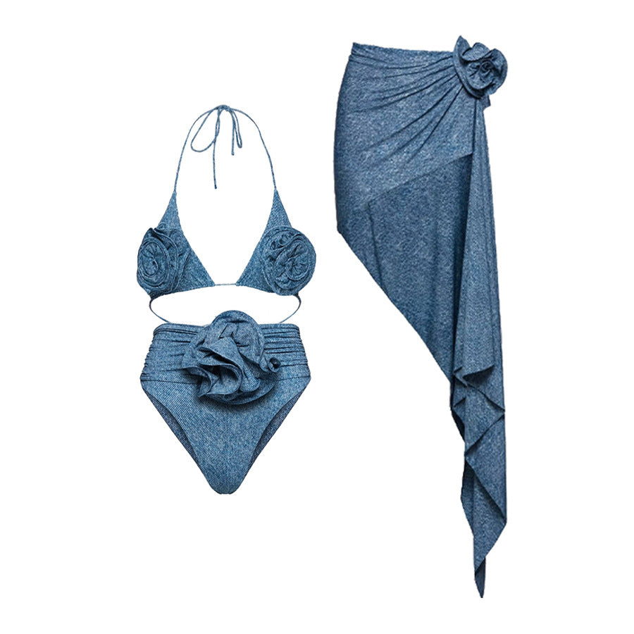 One-Shoulder Hollow-Out Soft Denim One-Piece Swimsuit with Flower Decoration for Women