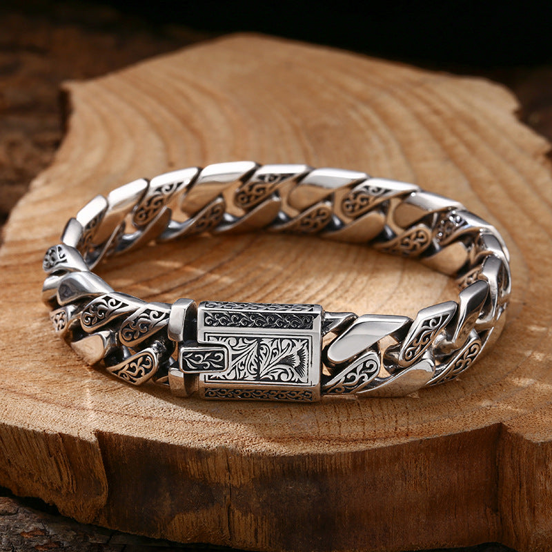 925 Silver Bracelet Pattern Cuban Link Thick Men's Thai Silver Vintage Oxidized Jewelry