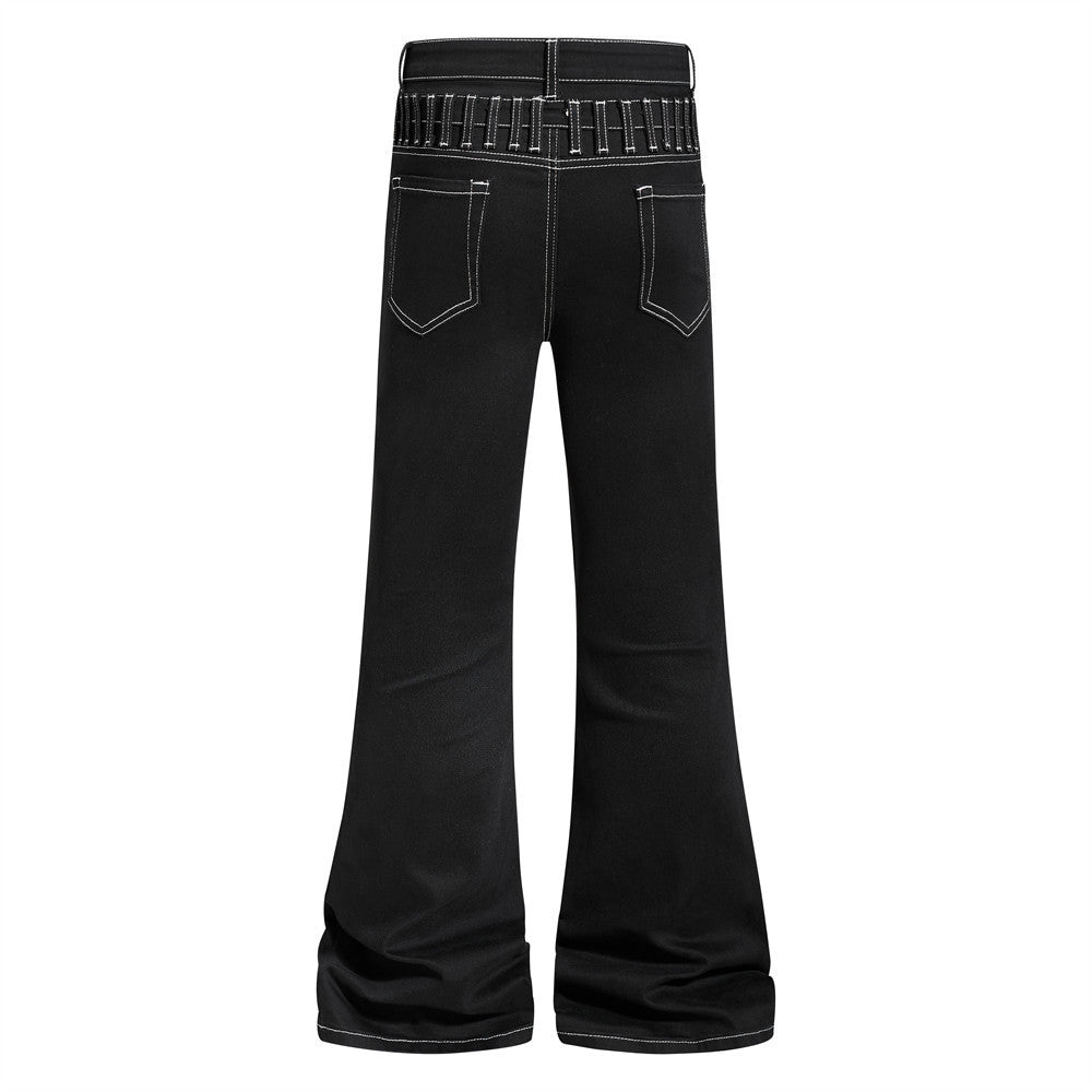 Double waisted denim flared pants with visible lines
