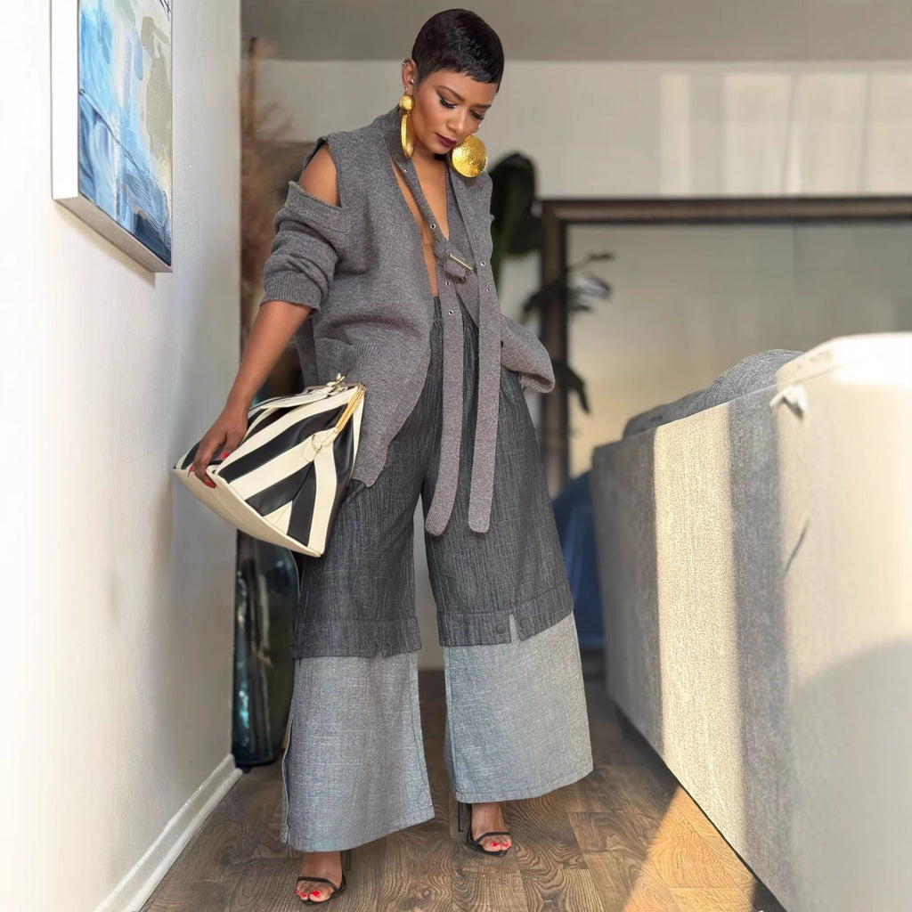Street Style Elastic Waist Patchwork  Wide Leg Jeans