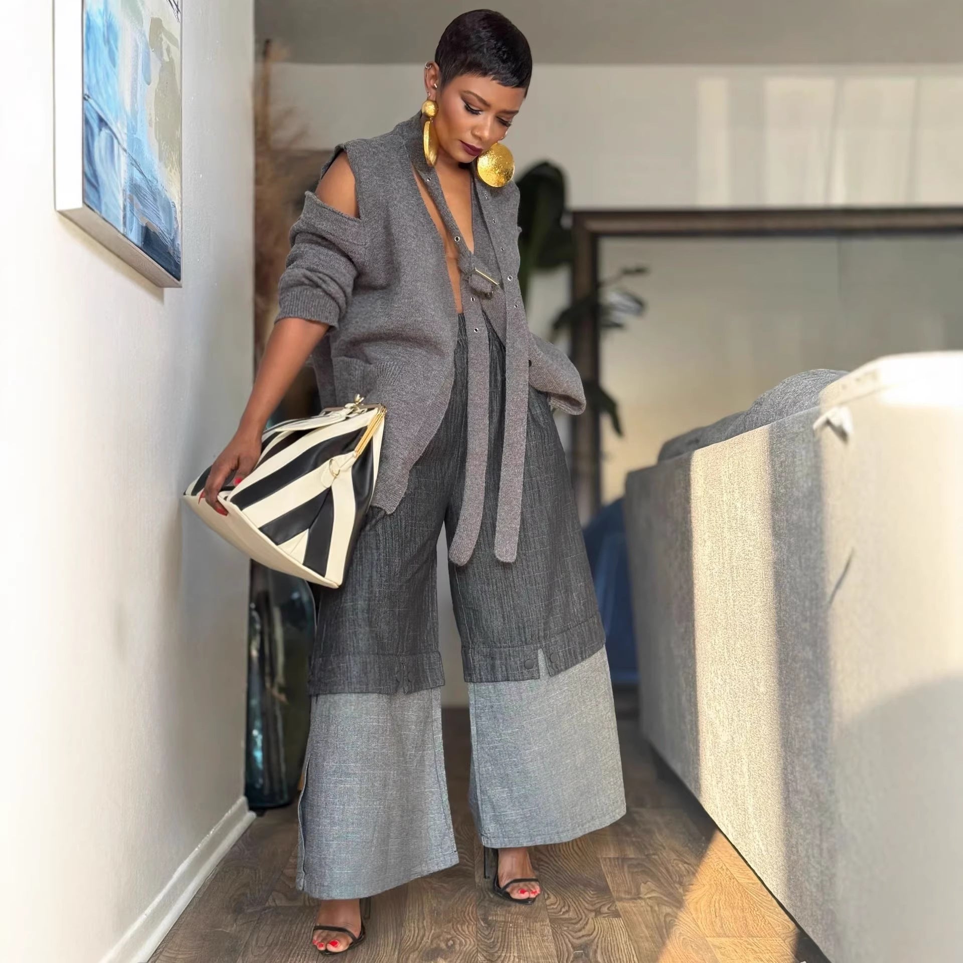 Street Style Elastic Waist Patchwork  Wide Leg Jeans