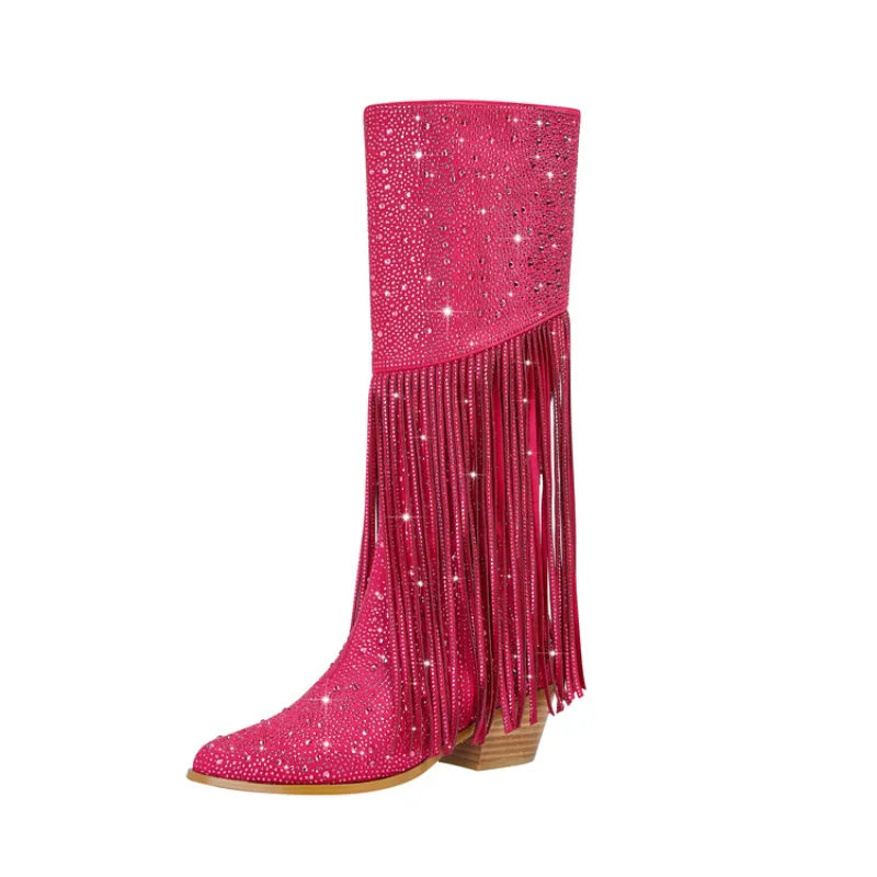 New Women's Thick High Heels Knee Long Women's Boots Fashion Tassel Rhinestone Short Boots Pointed Large Women's Boots