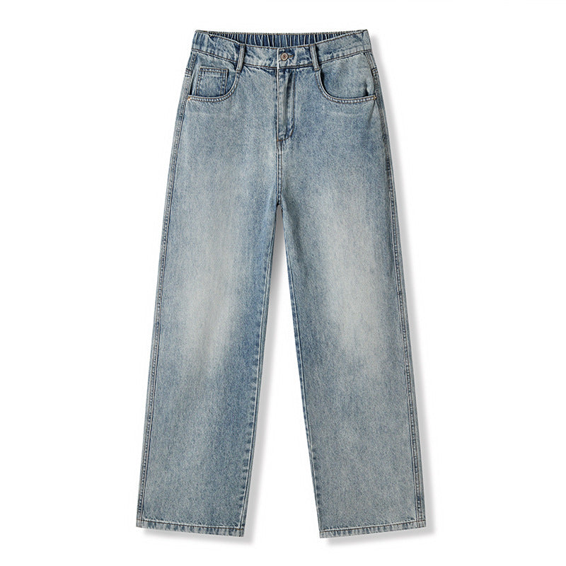Washed Denim Pants Men Loose Straight Fit Half Elastic Simple Long Trousers