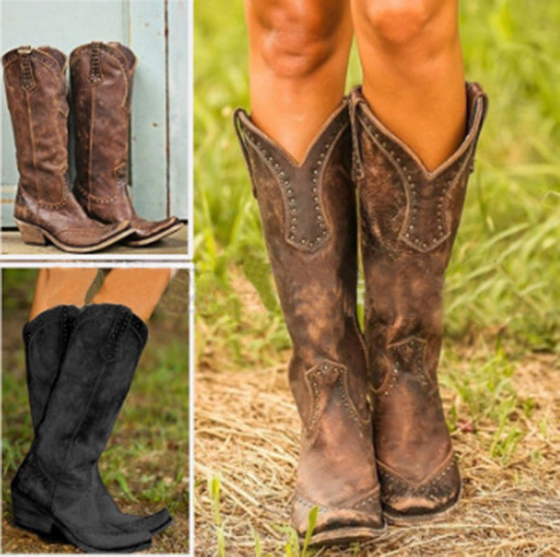 Long boots with rivets retro women's boots