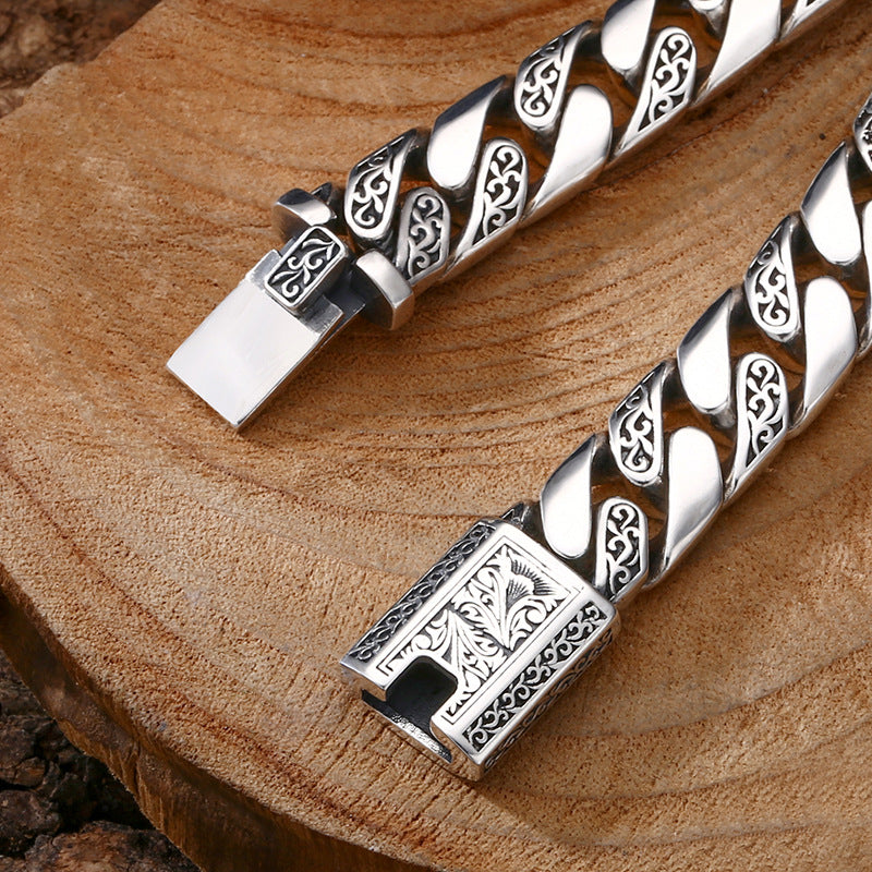 925 Silver Bracelet Pattern Cuban Link Thick Men's Thai Silver Vintage Oxidized Jewelry