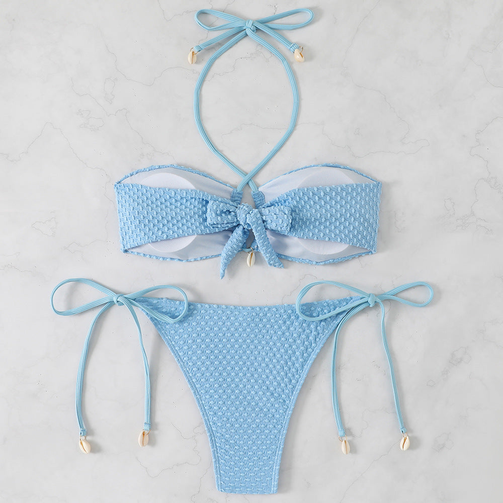 Gather solid color bikini three-point style