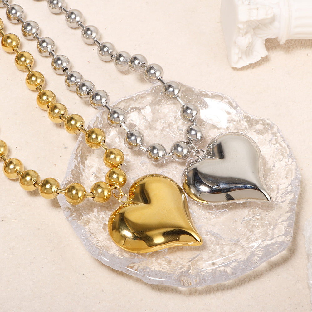 exaggerated bead chain 18K gold heart pendant necklace geometric minimalist hip-hop choker