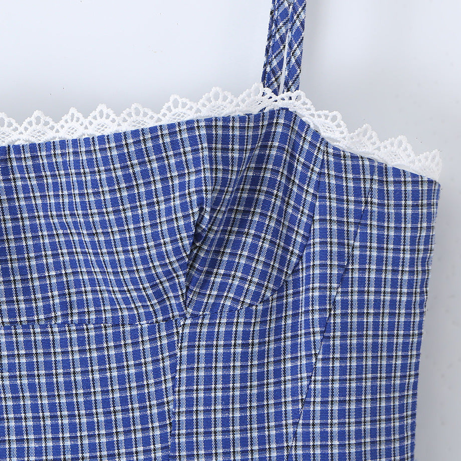 Plaid lace patchwork hem camisole dress