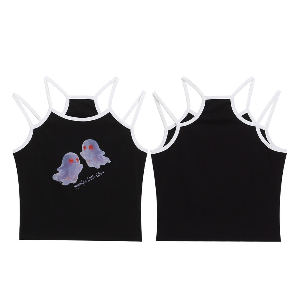 Cool Ghost Print Strap Top, Dual Color Contrast Fitted Cropped Outerwear Shirt