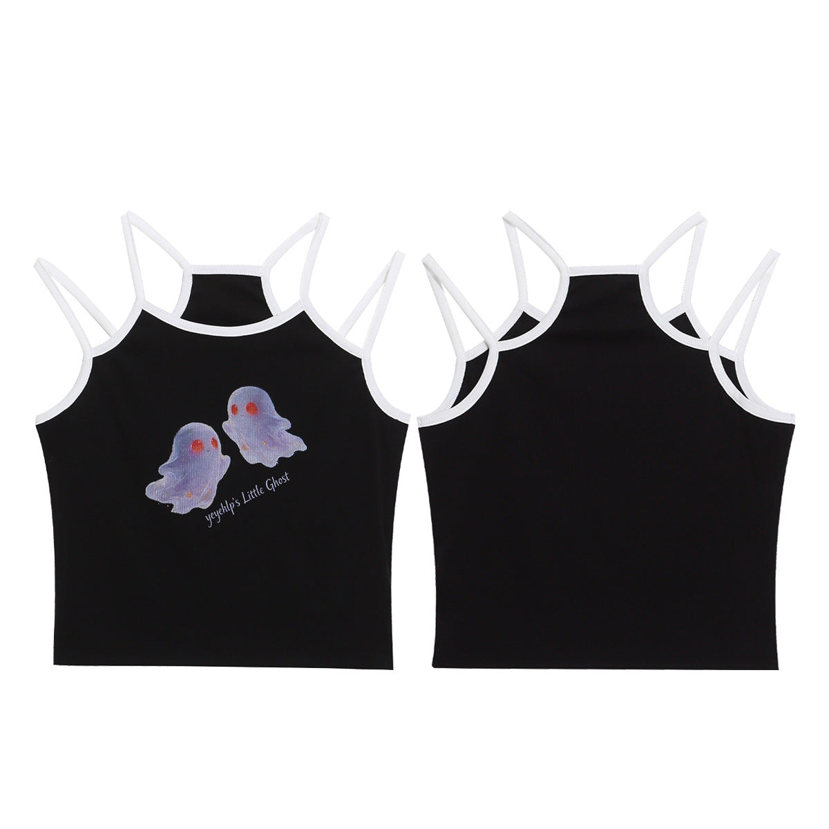 Cool Ghost Print Strap Top, Dual Color Contrast Fitted Cropped Outerwear Shirt