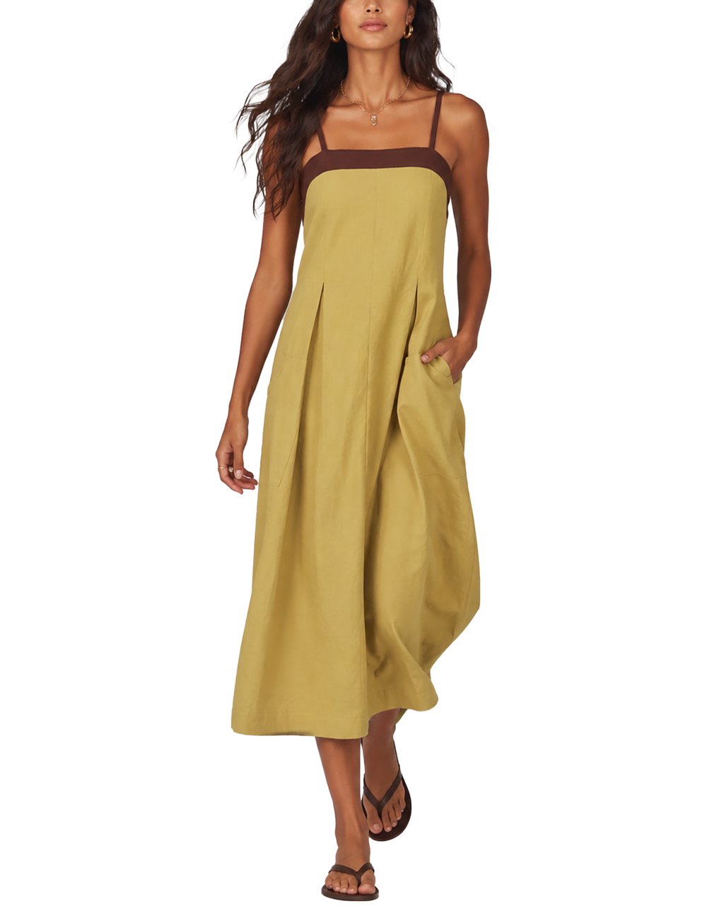 Women's fashion color-blocked loose large pocket spaghetti strap maxi dress