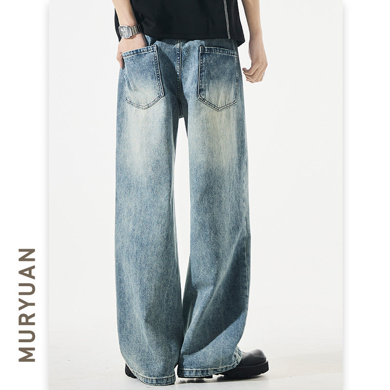 Men's A-line Vintage Denim Pants Washed Loose High Street Floor-Length Trousers