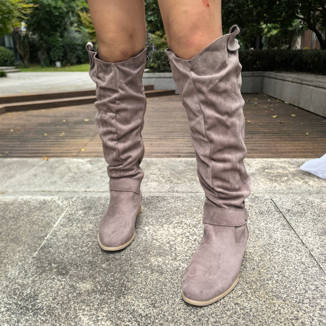 Low heeled side zipper oversized suede high top women's boots