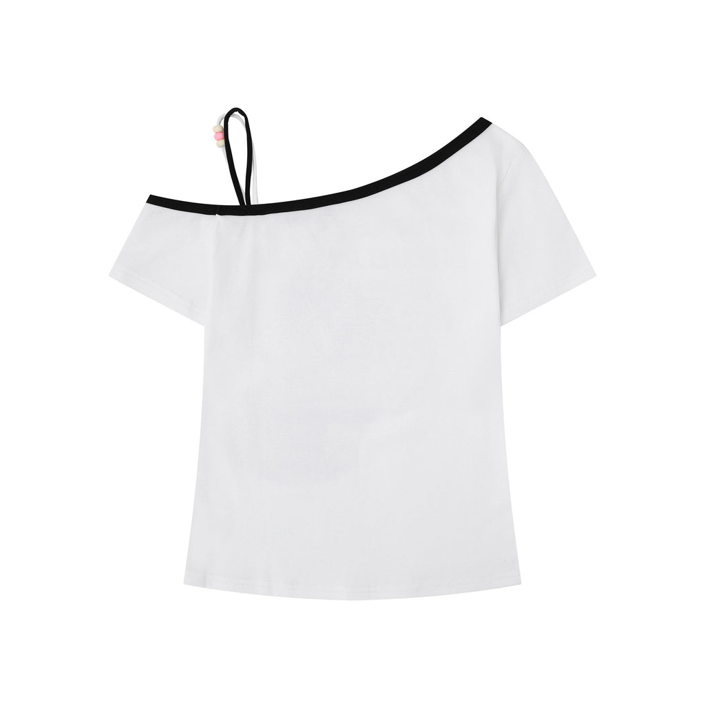 Sexy Cat Print Asymmetrical Shoulder T-Shirt for Women with Beaded Straps