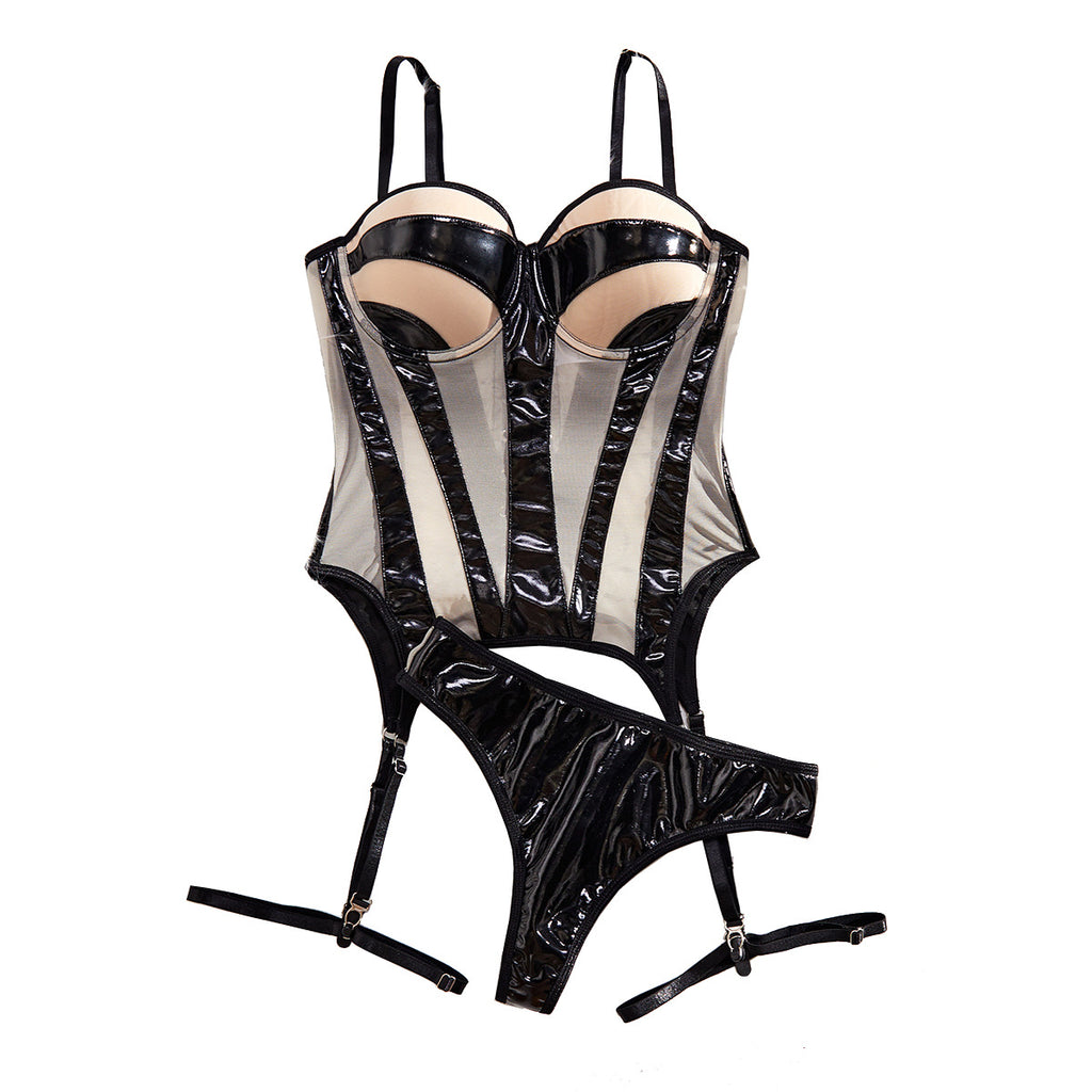Sexy leather fabric spliced mesh suspender lingerie three piece set