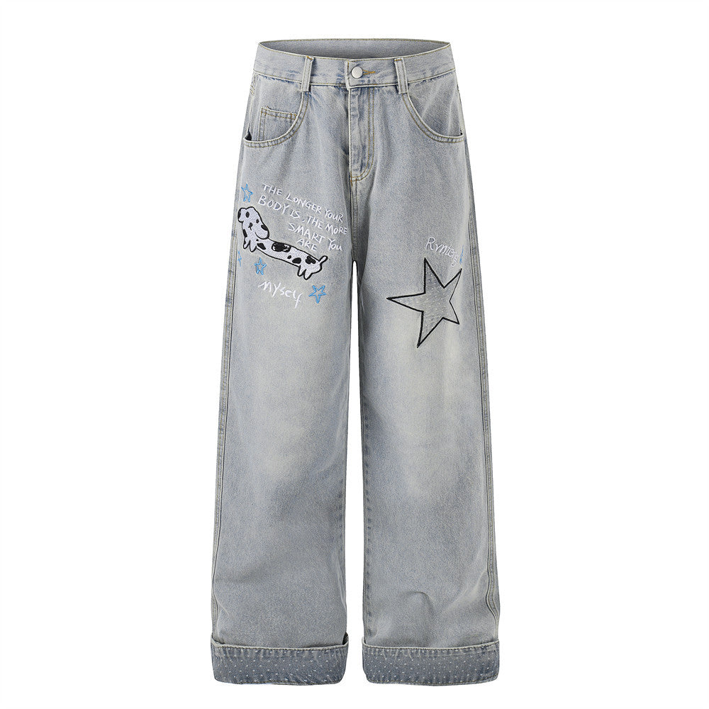 Cartoon embroidery used denim pants