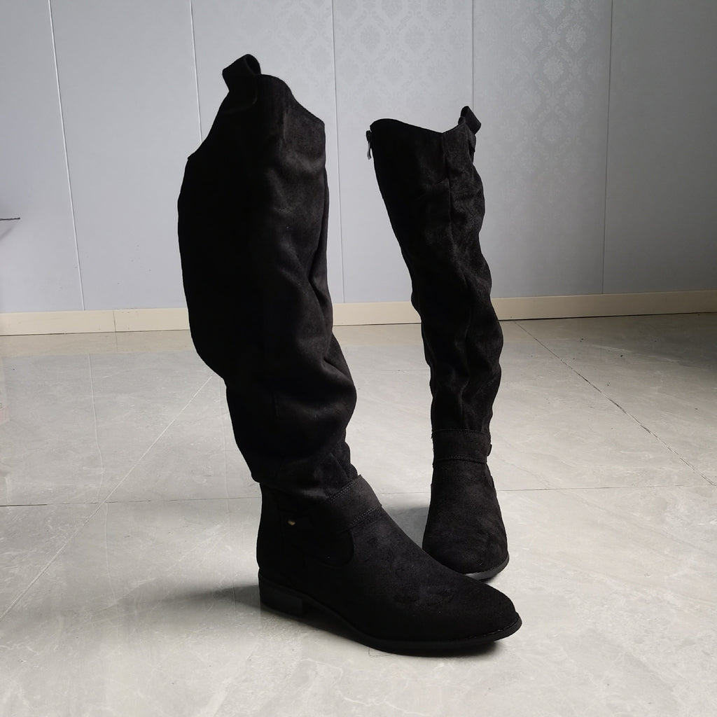 Low heeled side zipper oversized suede high top women's boots