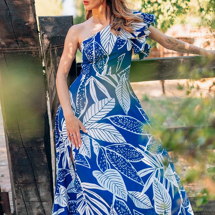 One-Shoulder Puff Sleeve Printed One-Piece Swimsuit for Women