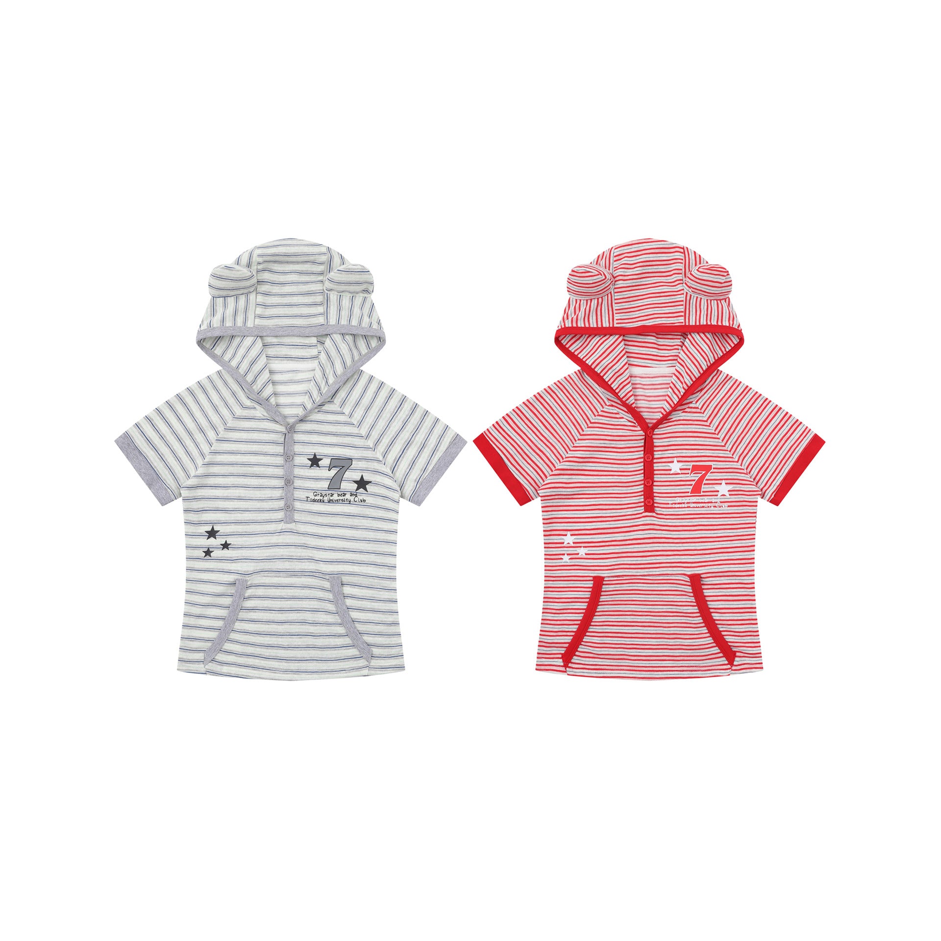 Short Sleeve Striped Color-block Printed Hooded T-shirt Top for Layering or Outer Wear