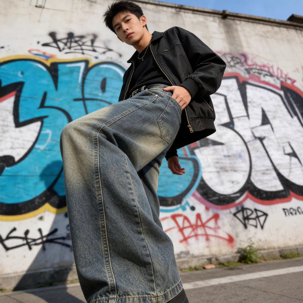 Retro Knife-Edge Denim Jeans Men's Long Pants Slit Cut
