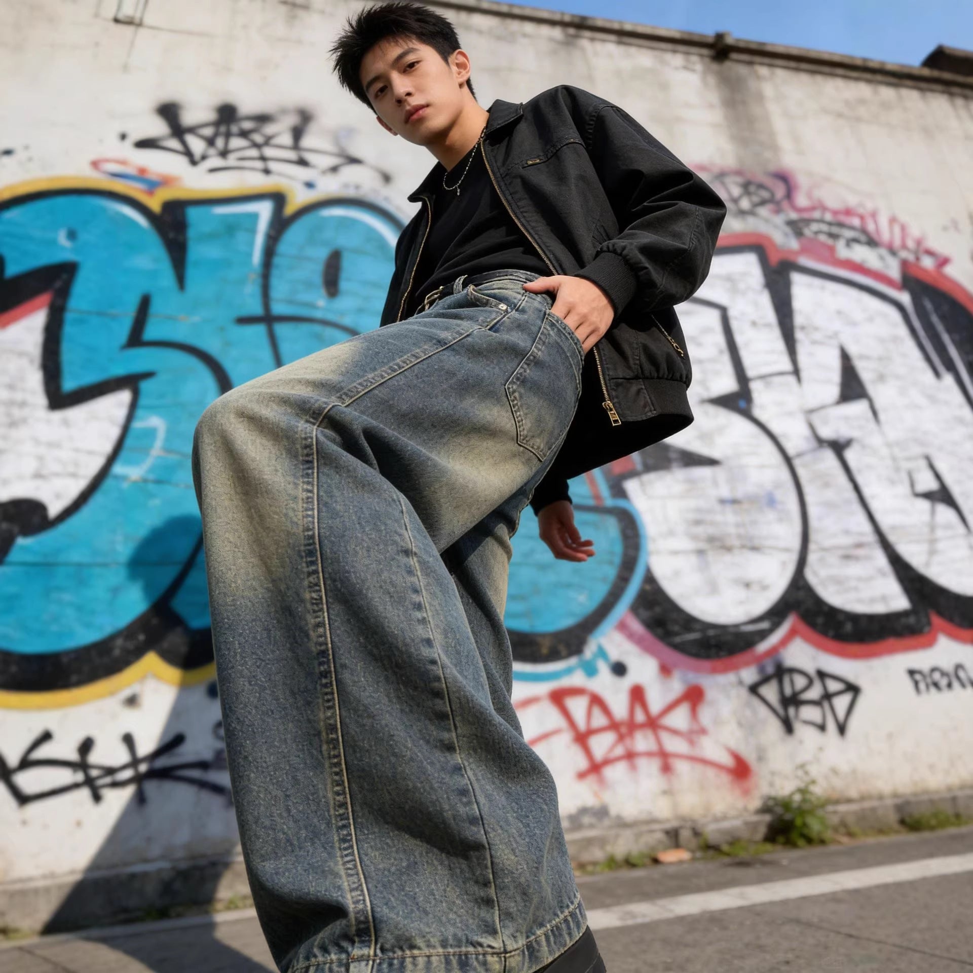 Retro Knife-Edge Denim Jeans Men's Long Pants Slit Cut