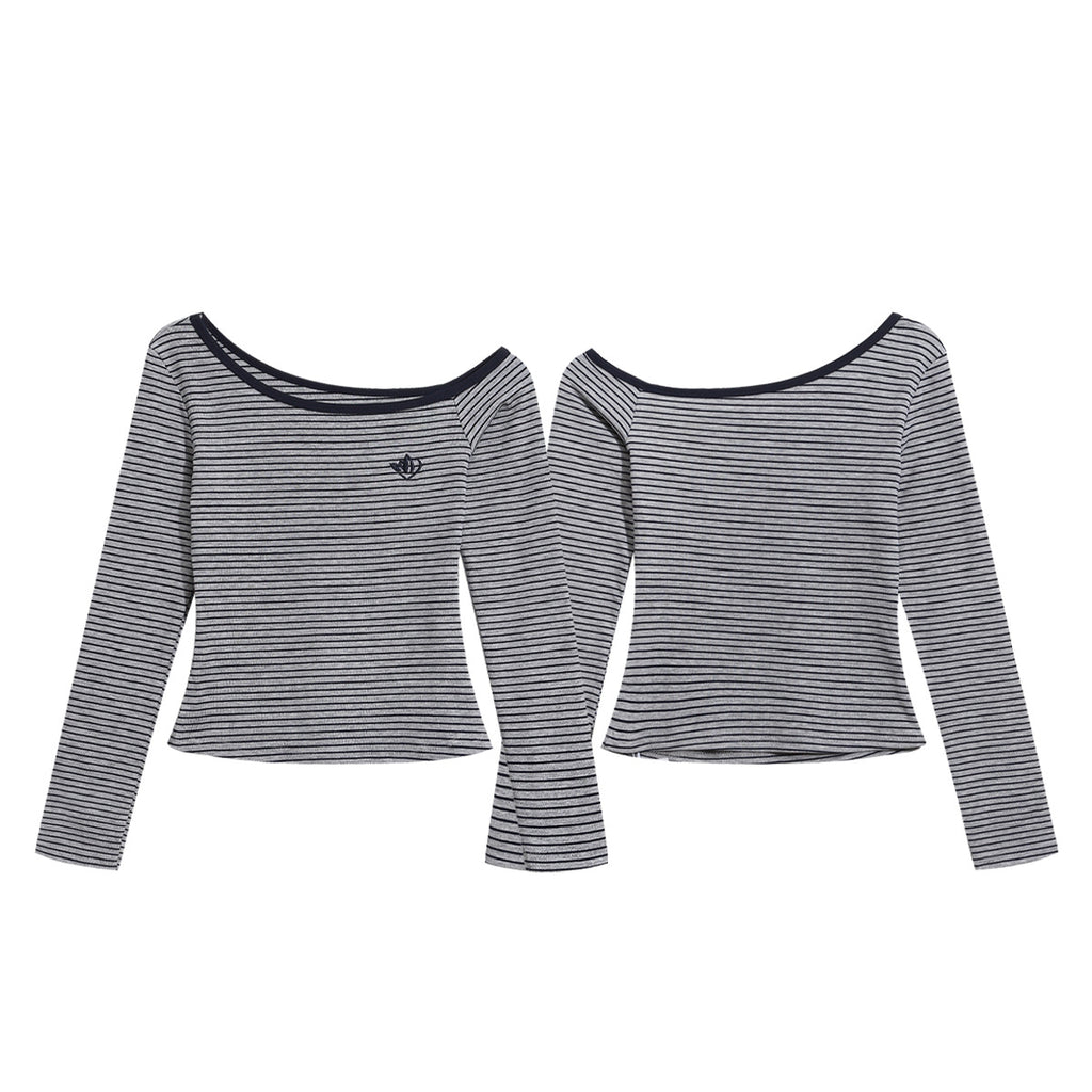Shoulder Top with Color-Blocked Trim, Fitted Slimming Short Crop Sleeveless Long Sleeve T-Shirt
