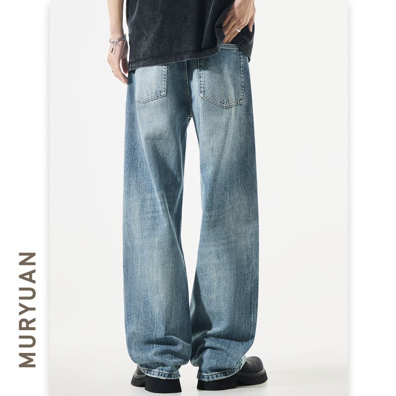 Loose Fit Men's Denim Pants Mid-Waist Plain Straight Leg A-Line Cut