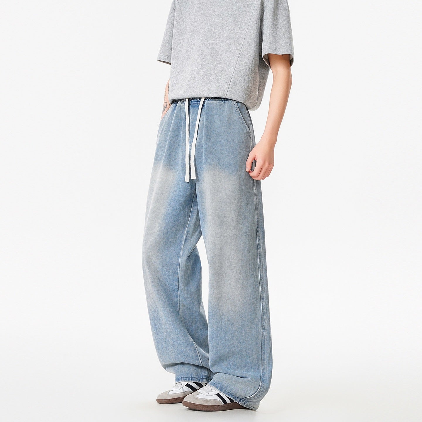 Vintage Washed Denim Pants Men  Lightweight Youth Slim Straight Loose Wide Leg Pants