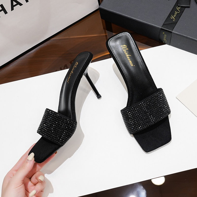 Square toe black rhinestone strap sandals stiletto high heel sandals for women
