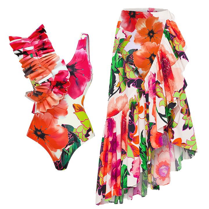 Floral Print Ruffle One-Piece Swimsuit Set for Women, Slimming Design