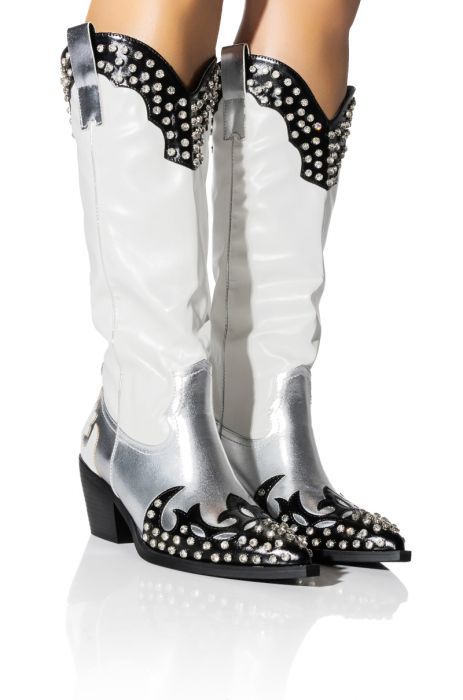 Metallic Leather Patchwork Mid-calf Boots Women Pointy Toe Side Zipper Boots Crystal Shoes