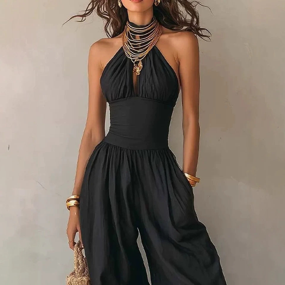Slim-Fitting Body-Concealing Travel Halter Neck Sexy Casual Comfortable Jumpsuit
