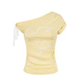 Shoulder Lace-up Silver Letter Print T-shirt Women Fitted Slim Fit Gathered Short Sleeve Top