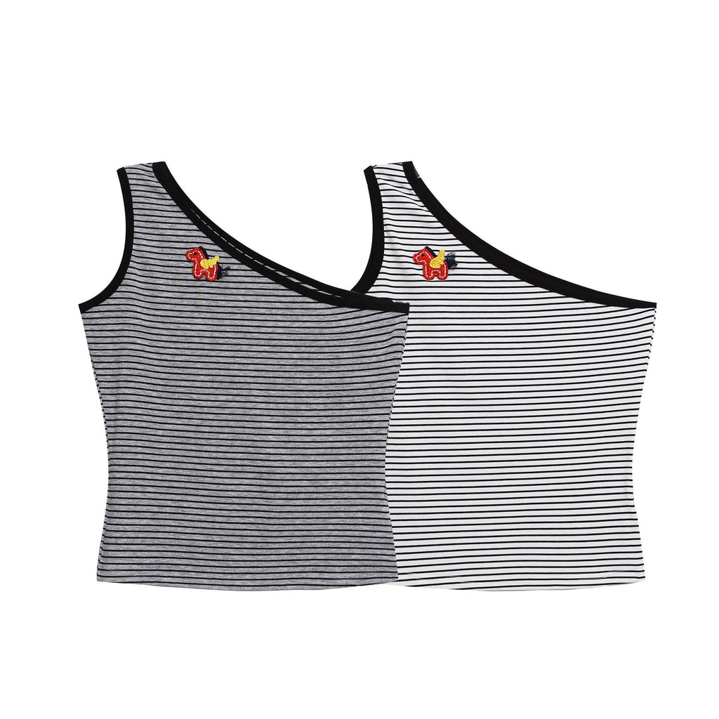 Crop Top with Asymmetrical Shoulder Stripes, Fitted Sleeveless Bodysuit with Embroidered Studs