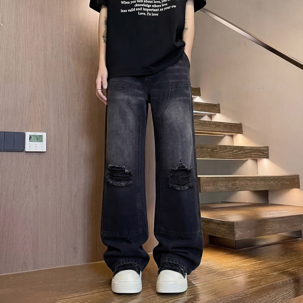 Ripped Denim Pants Men Washed Design Clean Fit Straight Leg Wide Leg Long Pants