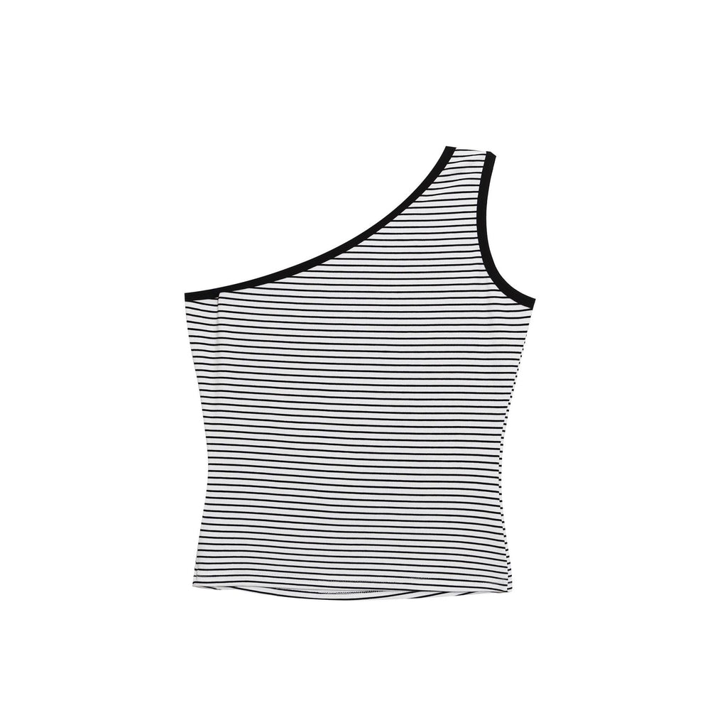 Crop Top with Asymmetrical Shoulder Stripes, Fitted Sleeveless Bodysuit with Embroidered Studs