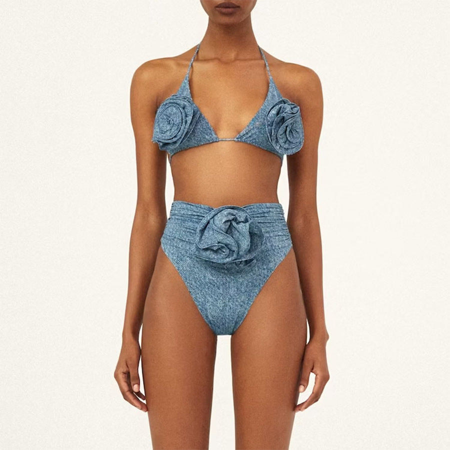 Flower Decorated Halter Tie-Up Two-Piece Swimsuit Women High-Waisted Bikini