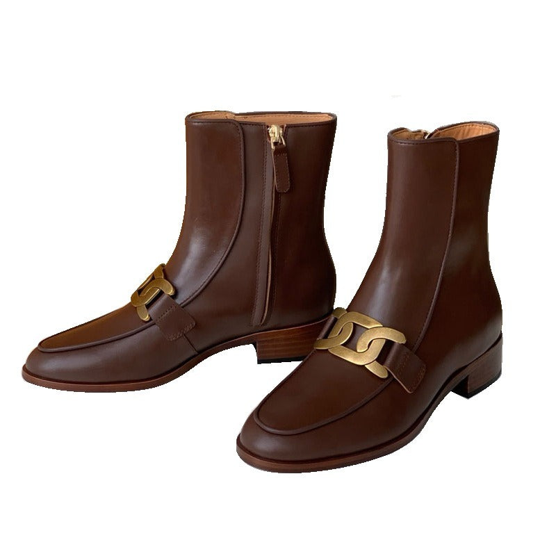 Metal Buckle Low Heel Genuine Leather Chelsea Boots Winer Dress Shoes Women's Short Boots