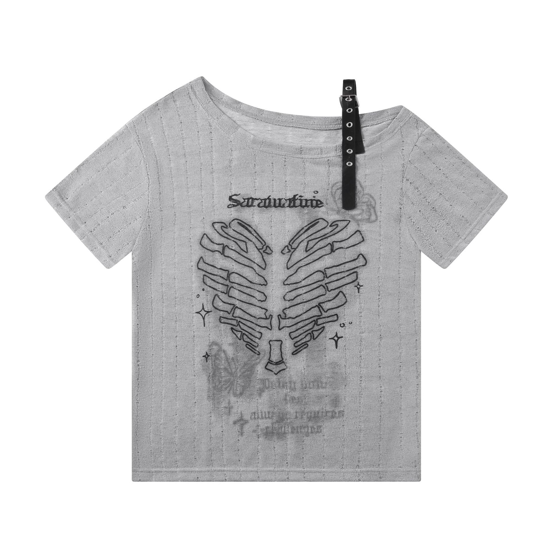 Dark-themed Skeleton Print Top with Color-blocked Leather Buckle Straps