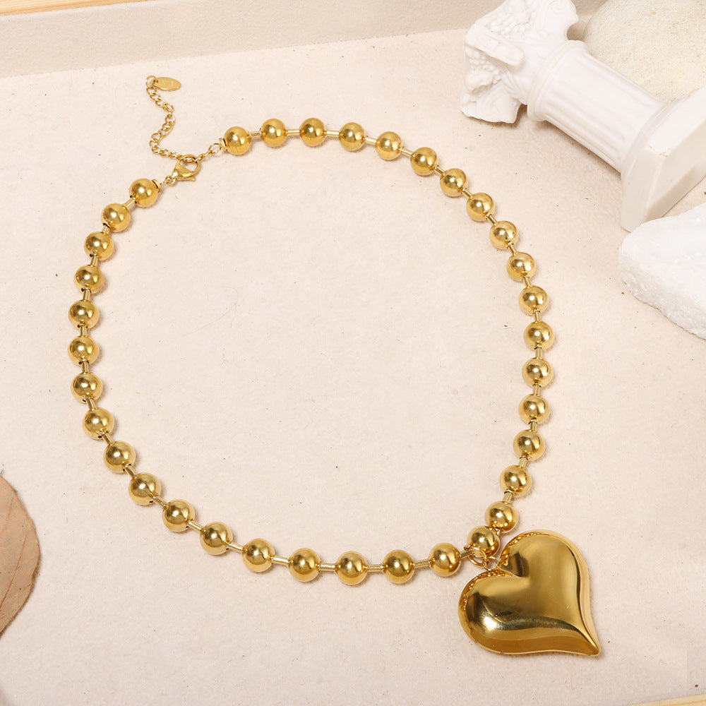 exaggerated bead chain 18K gold heart pendant necklace geometric minimalist hip-hop choker