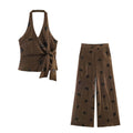 Bead hanging neck collar top+wide leg pants set