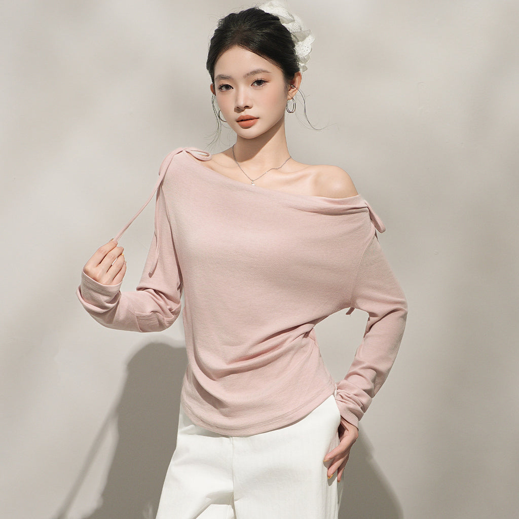 Chic Pink Off-Shoulder Long Sleeve Top for Women, One-Shoulder Neckline Inner Layer