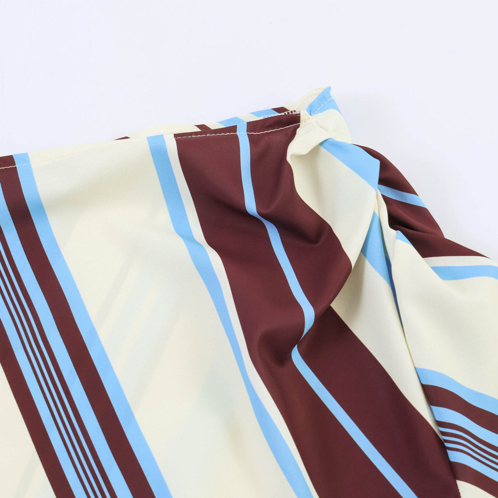 Spicy girl diagonal collar belt striped printed long sleeved dress